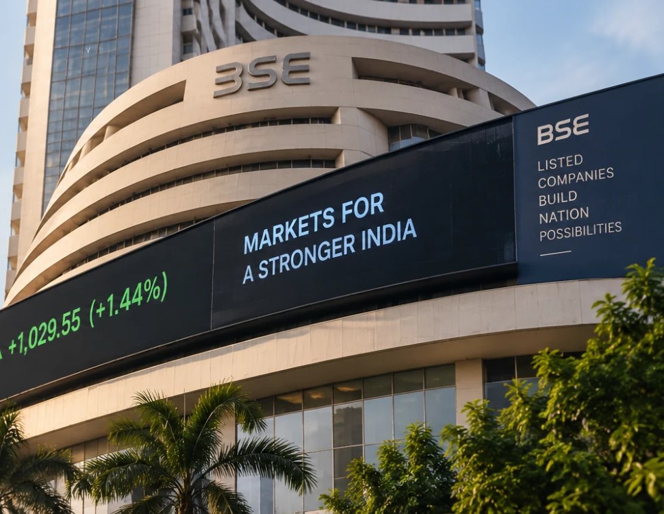 The BSE building in Mumbai, its facade ticker showing the Sensex and the message “Markets for a stronger India”.