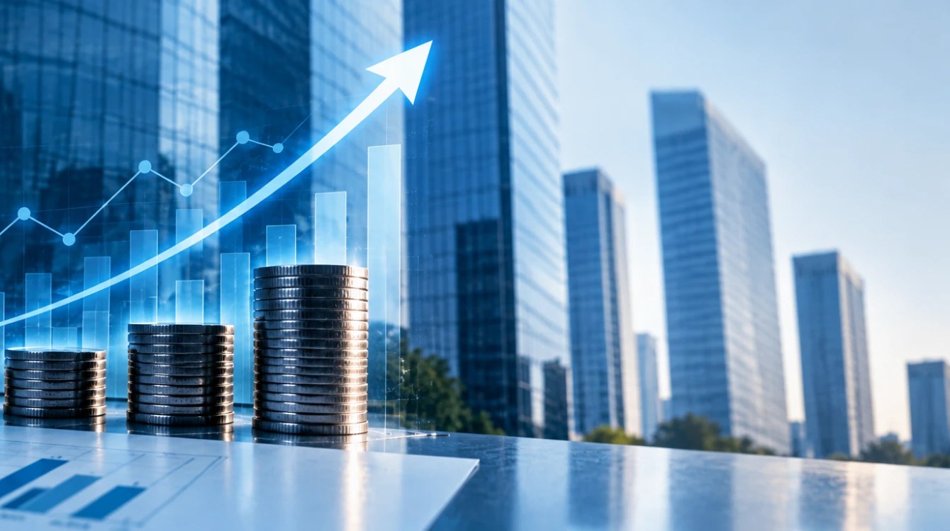 A rising trend line above stacked coins, set against a city skyline of office towers.